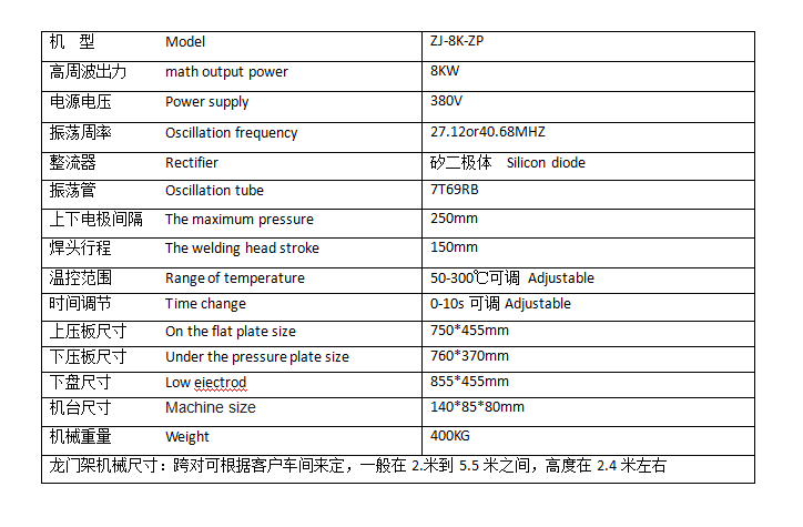 龍門式帳篷高周波機參數